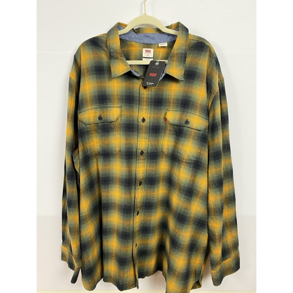 Levi's Flannel Button‎ Down Shirt Mens 3XL Yellow Navy Plaid Relaxed Fit Grunge